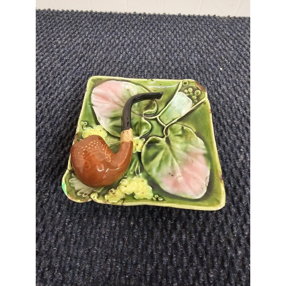 Vintage Majolica Ceramic Tobacco Pipe Leaf Ashtray Dish Tobacciana Men's Gift